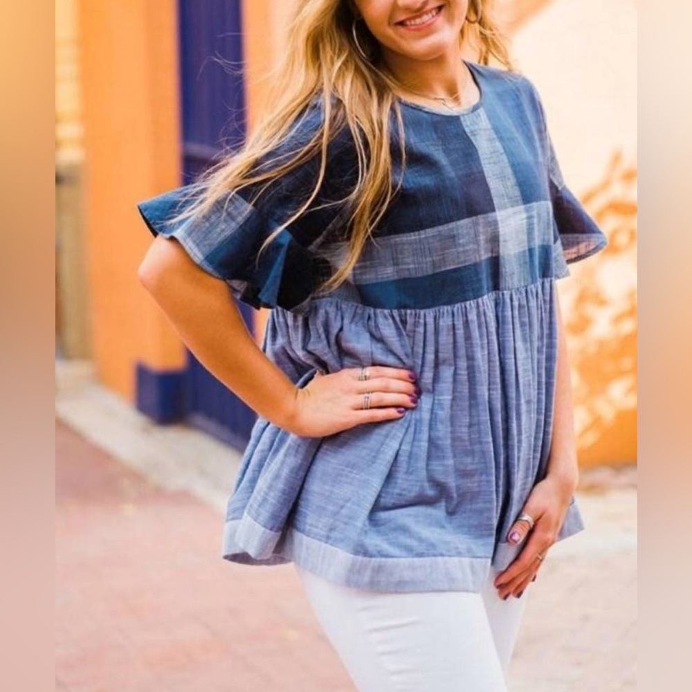 Blue Plaid Peplum Short-Sleeve Top